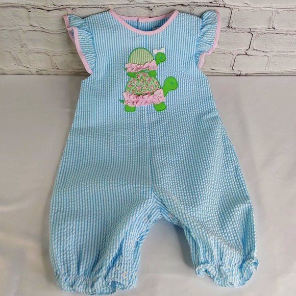 'PETIT AMI' SEERSUCKER PINSTRIPE ANGEL~SLEEVE 'TURTLE LOVE' BUBBLE STYLE OUTFIT - Picture 7 of 16